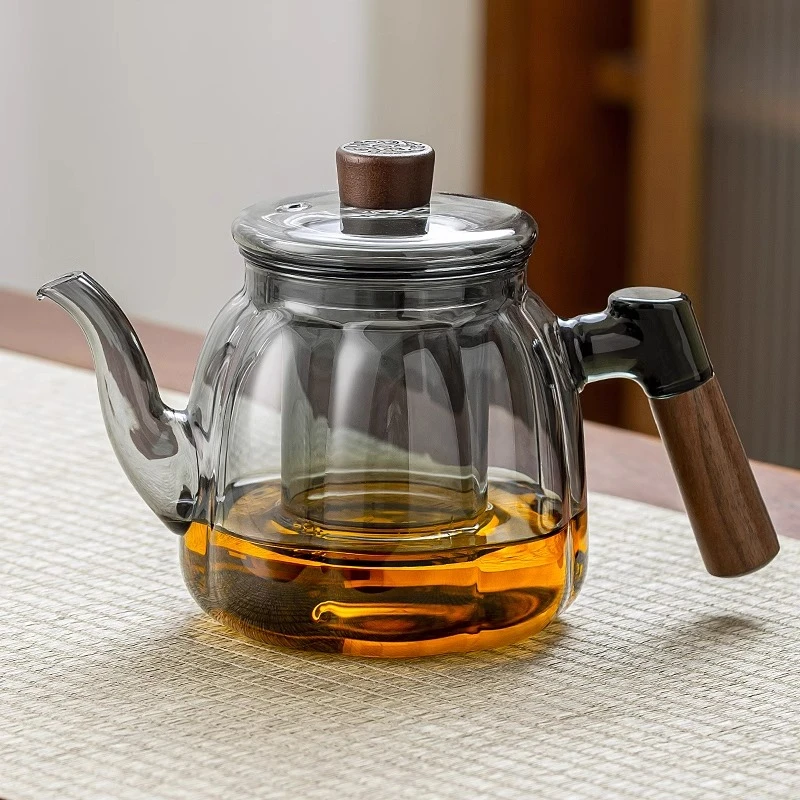 日式泡茶壶家用耐高温茶水分离高硼硅玻璃胡桃木把手电陶炉煮茶壶