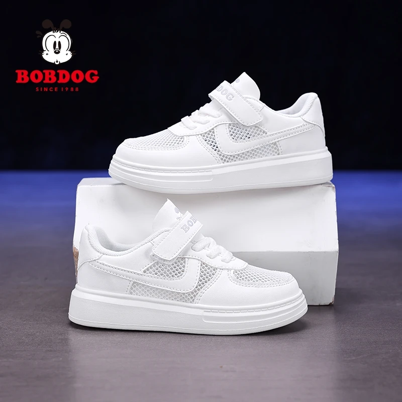 巴布豆男童小白鞋夏季2025款校园单网透气女童白色板鞋儿童运动鞋