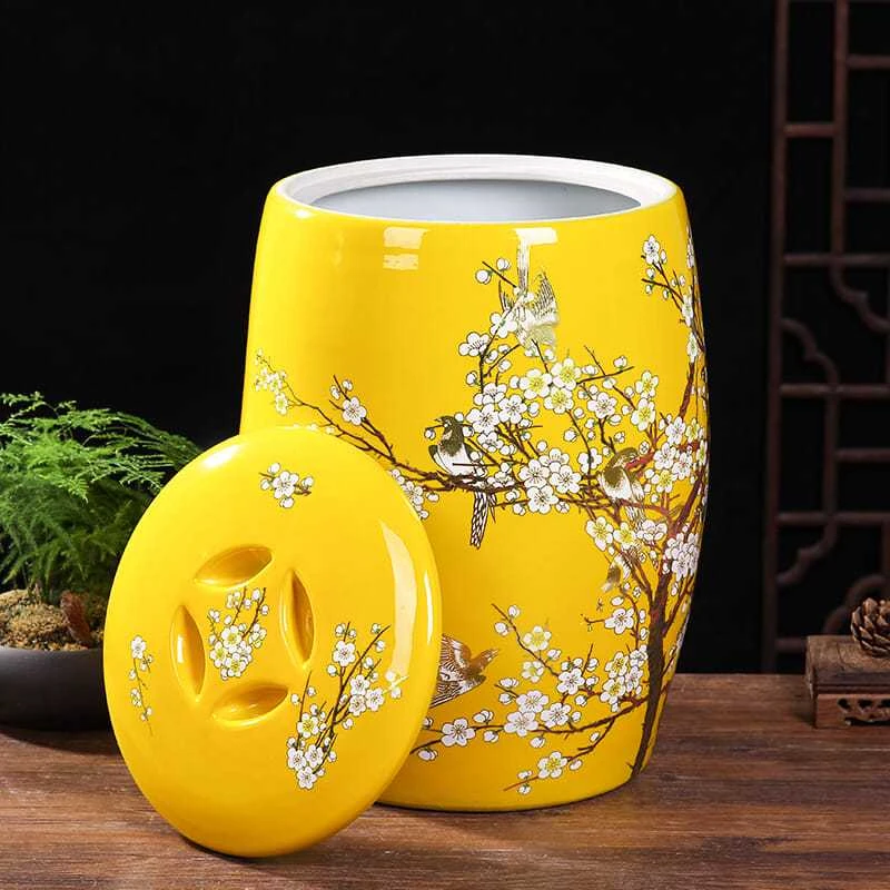 高度42口径26景德镇陶瓷金帝黄梅花50斤米缸237