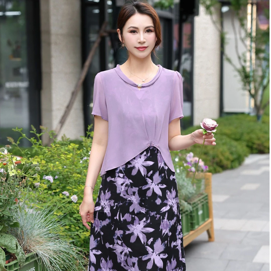 夏季新款套头宽松腰短袖圆领连衣裙碎花夏装洋气长裙裙子宽松