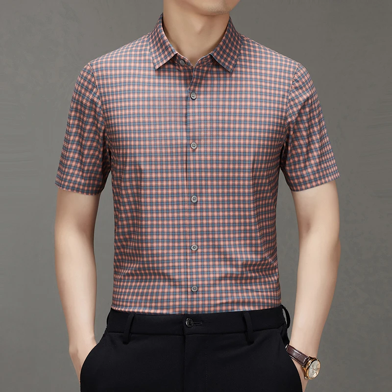 新款冰丝无痕短袖格子衬衫男商务休闲潮流帅气半袖衬衣