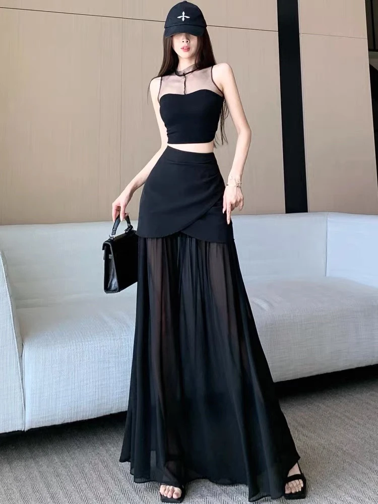 黑色雪纺西装半身裙女夏季设计感高腰a字裙垂感飘逸网纱大摆伞裙