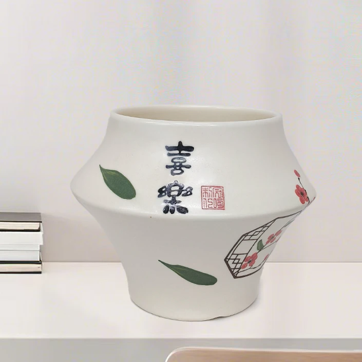 中国风陶瓷花盆手绘喜乐轻奢高级感桌面家用蝴蝶兰花卉