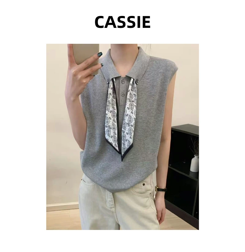 CASSIE夏季新款POLO翻领纽扣丝巾高级感洋气无袖针织衫上衣