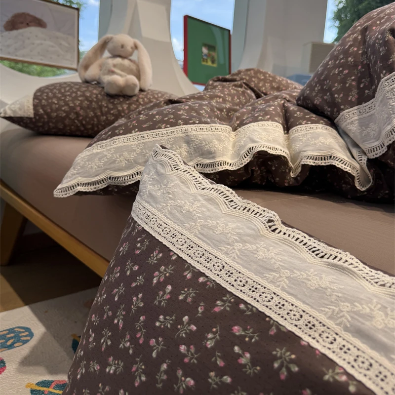易安阁A类母婴级韩版少女蕾丝花边双层纱复古棕四件套1.5m1.8米