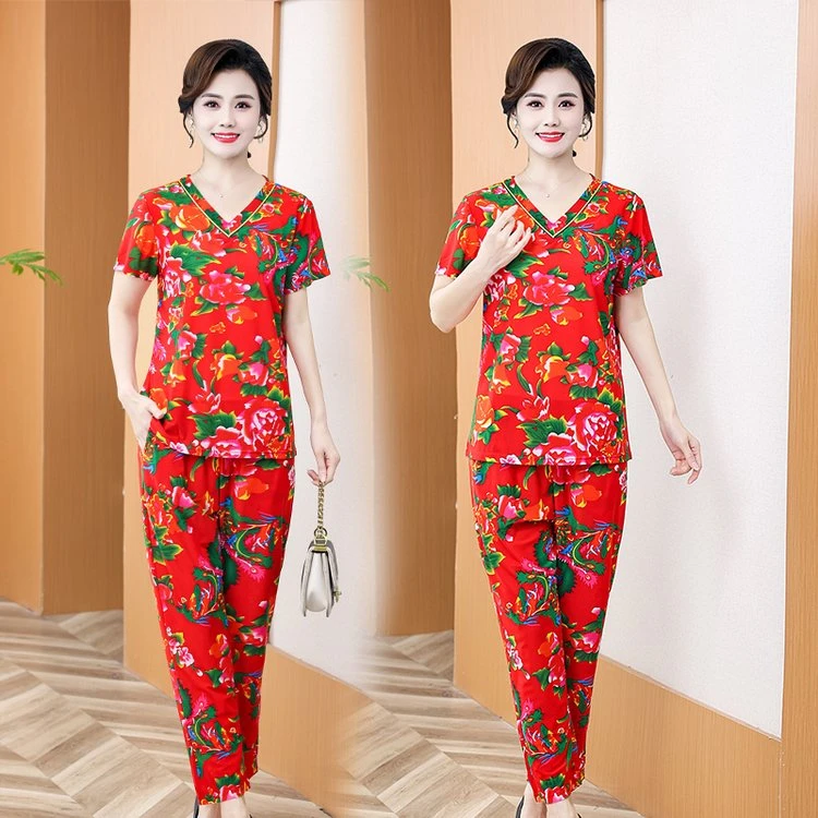 2025中老年女装夏装民族套装洋气短袖夏季妈妈休闲上衣裤子两件套