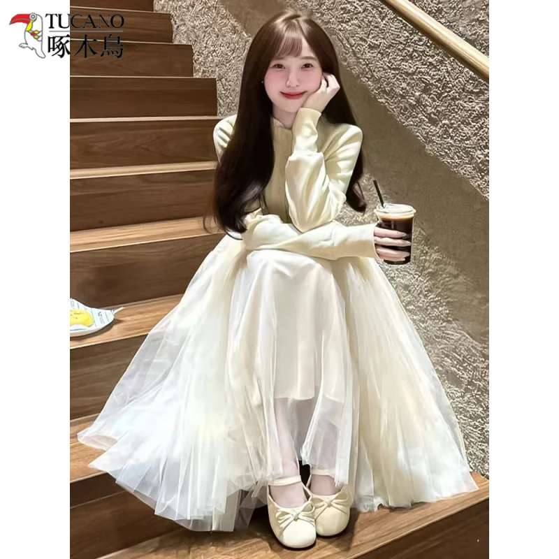 TUCANO/啄木鳥小香风温柔高级感长裙2025夏季高腰A字网纱半身裙子