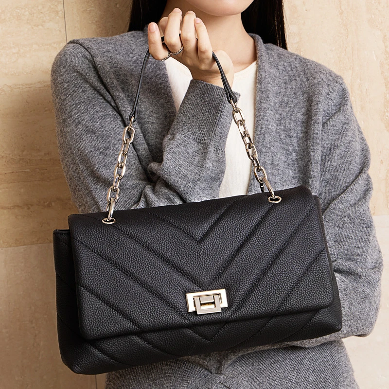 头层牛皮包包女新款真皮女包自然摔皮纹小香风链条包单肩包斜挎包