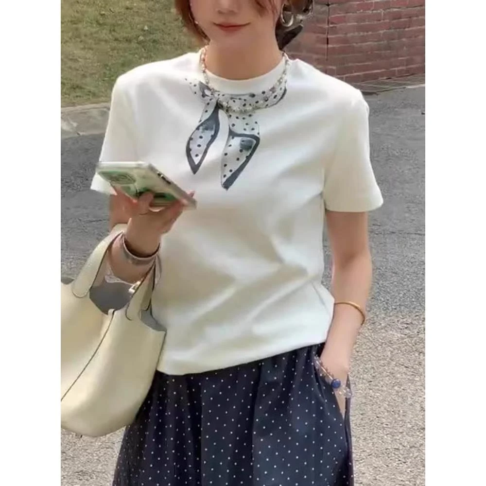 印花白色短袖2025年夏季新款女装设计感时尚减龄百搭通勤薄款T恤