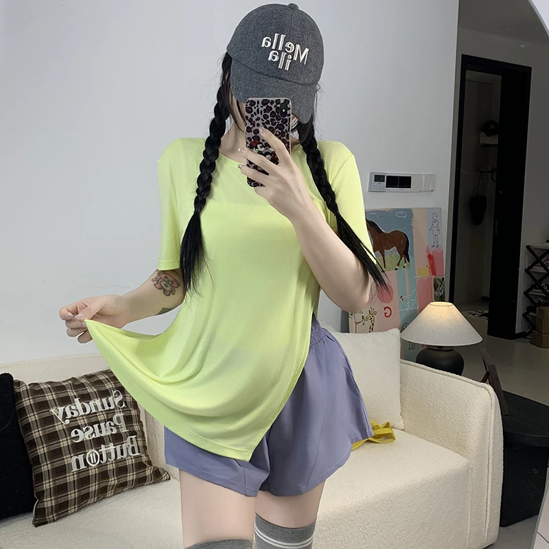 加长开叉运动短袖宽松跑步罩衫瑜伽T恤速干健身服夏季薄款上衣