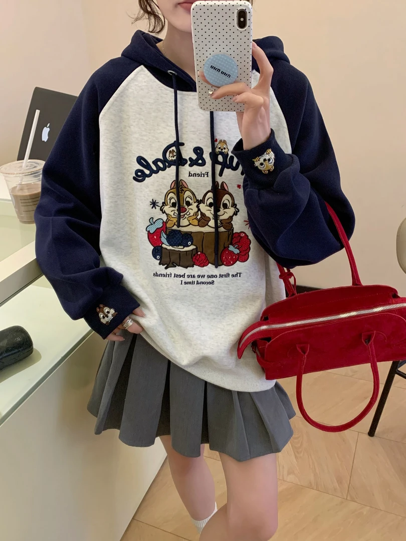 春秋奇奇蒂蒂拼色 长袖宽松韩版刺绣薄款百搭连帽即墨卫衣6805