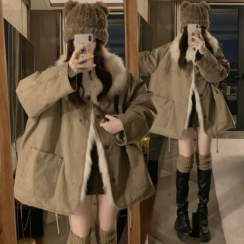 2025秋冬穿搭实拍酷飒工装风外套女2025冬新款美式复古宽松派克服