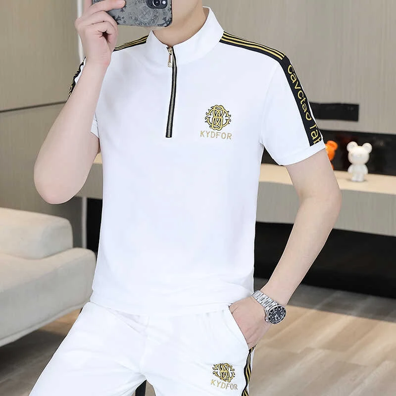 夏季男士运动套装立领半拉链短袖T恤欧货2025新款修身两件套潮牌