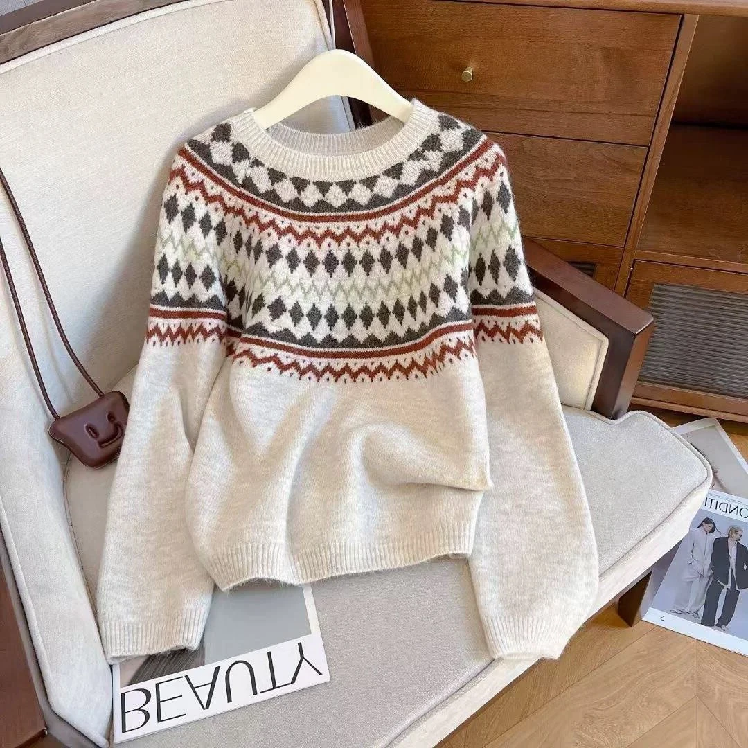 030秋冬新款韩系慵懒风加厚费尔岛提花套头针织毛衣女时尚