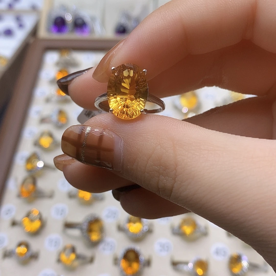 半***醉戒指银S925镶嵌水晶纯天然黄水晶戒指J
