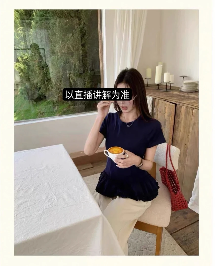 天一~大码2025夏季女花边圆领短袖上衣气质高腰阔腿裤裙套装6286