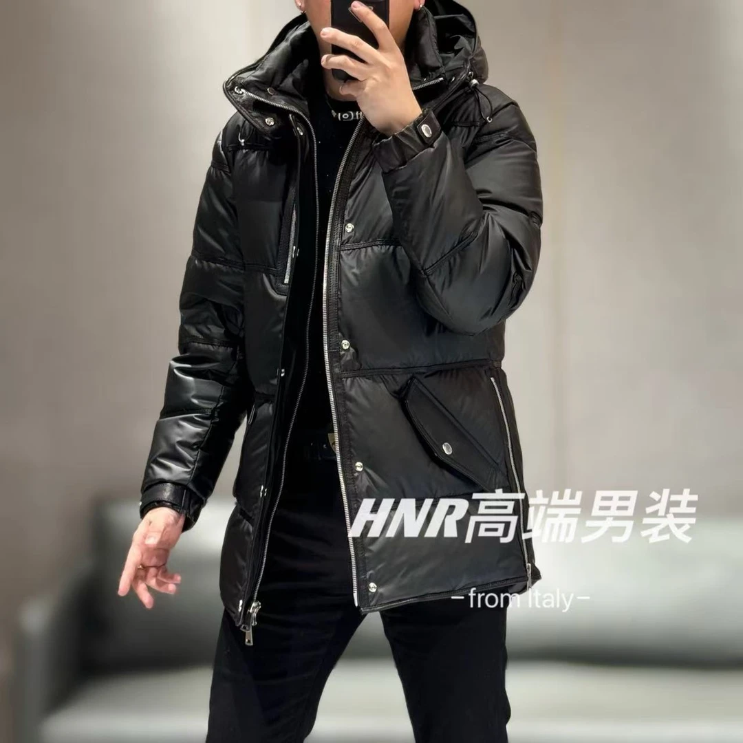 【绵羊皮拼接】纯色连帽中长款时尚百搭高级男士羽绒服8806