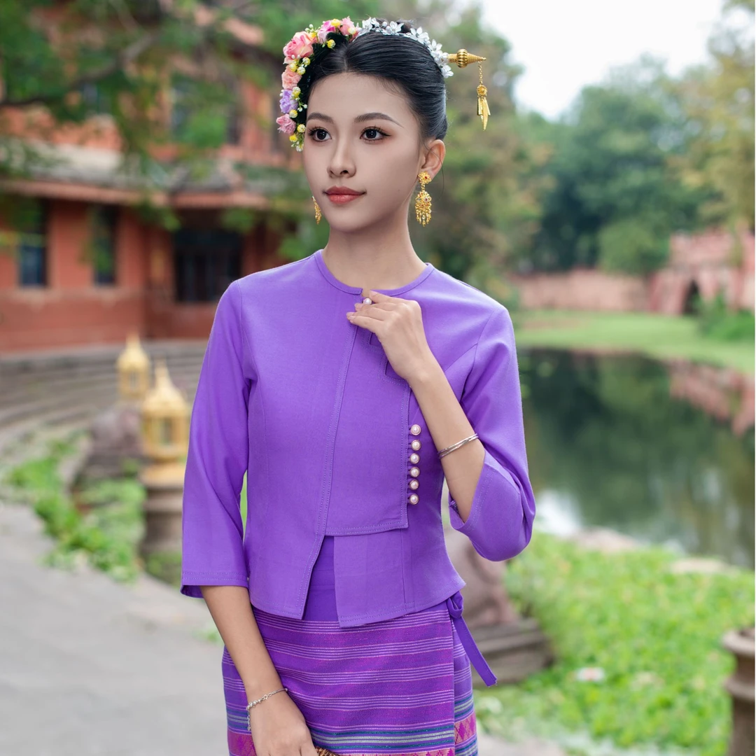 泰锦西双版纳傣族传统气质紫色裙子织布新款民族风舞台茶服套装