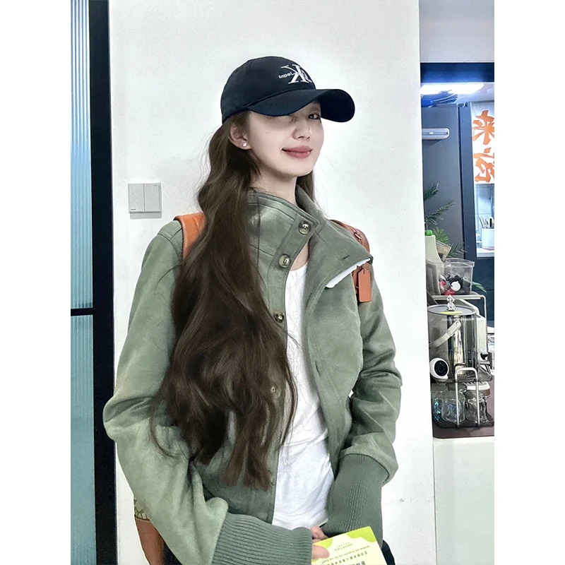 美式高街vibe短款灰绿夹克外套女秋季新款设计感修身显瘦机车上衣