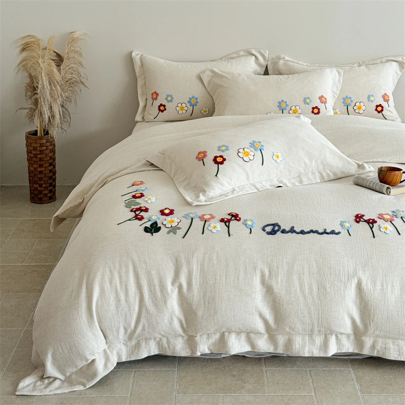 20%亚麻80%棉双层棉麻刺绣四件套床单被套款刺绣床上用品田园风