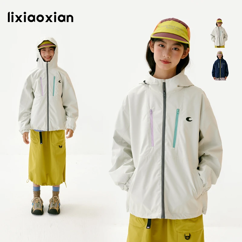 梨小闲原创儿童秋新款撞色拉链运动防风外套女中大童连帽户外上衣