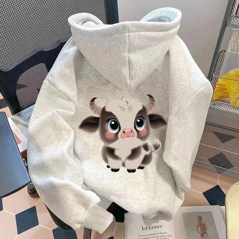 重磅加绒加厚连帽卫衣宽松双层帽趣味奶牛男女同款男装秋冬季长袖