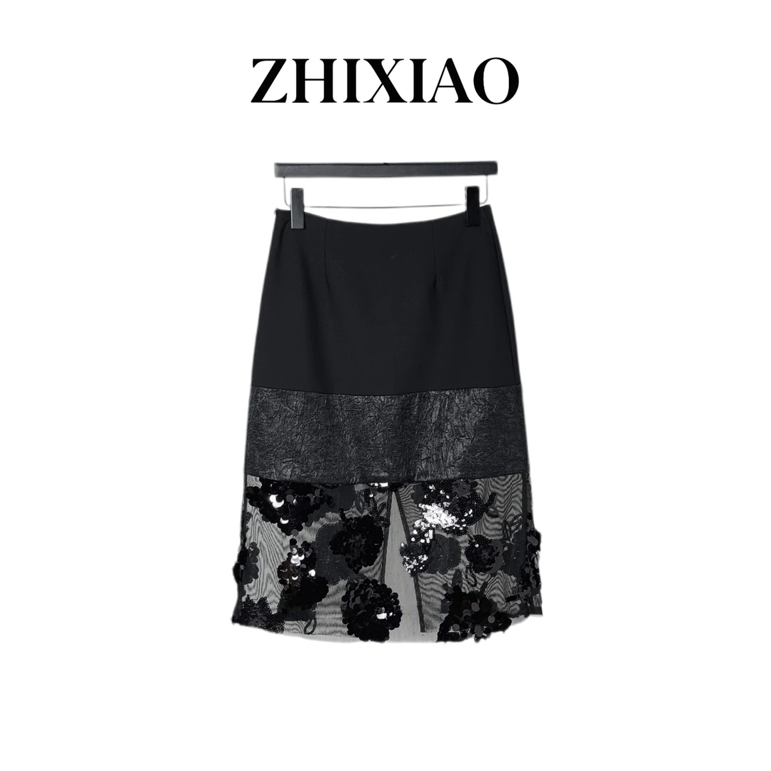 【ZHIXIAO】夏季新款：下摆珠片拼接半裙093
