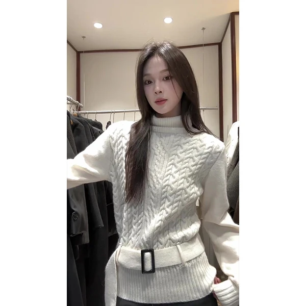 韩系白色高领麻花毛衣女秋冬气质慵懒收腰软糯针织衫内搭打底上衣