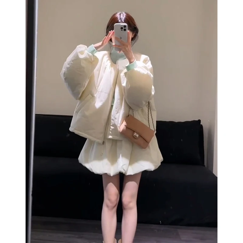 2025秋季新款女法式气质宽松圆领长袖棉服外套高腰显瘦花苞半身裙