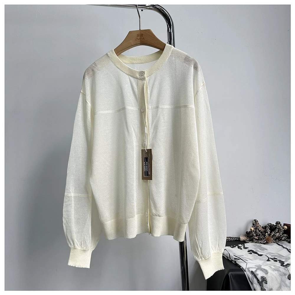 M060  春秋新款纯色女士宽松休闲百搭圆领长袖针织开衫外套薄款