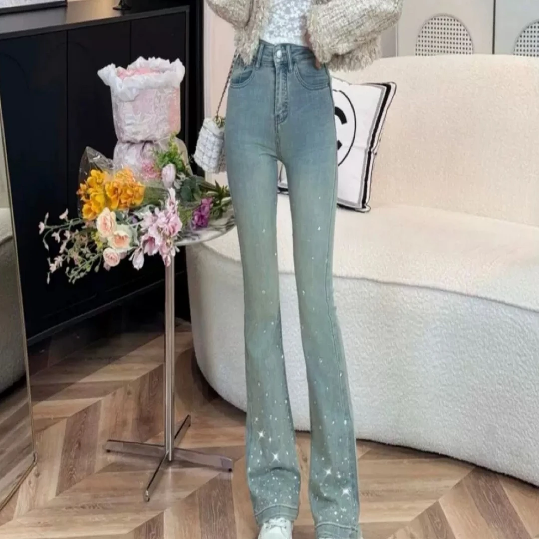 702加绒 美式辣妹烫钻微喇叭牛仔裤女复古修身水洗做旧拖地裤子