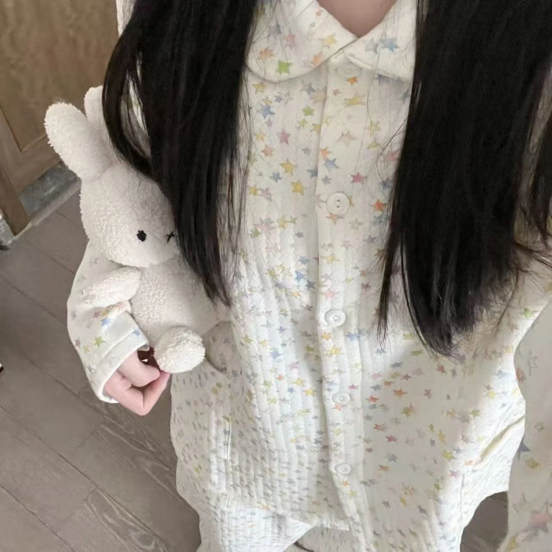 温柔风星星印花娃娃领空气棉睡衣女冬新款宽松保暖舒适家居服套装