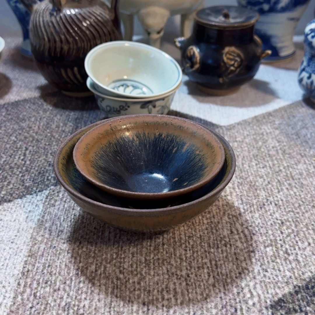 瓷片丁**丁黑釉兔毫刻字茶盏