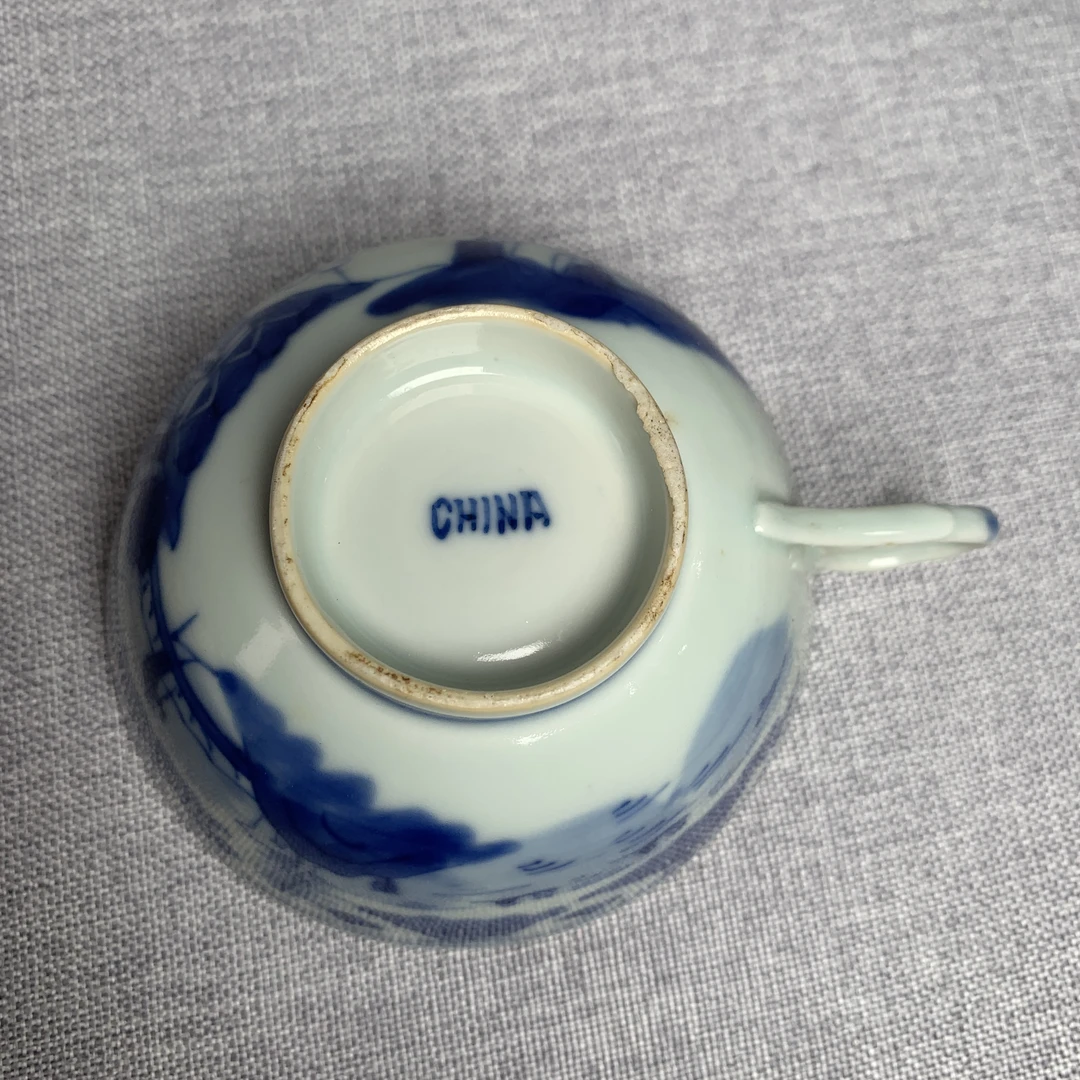 清代青花山水楼阁杯古瓷器真品国营镇江市文物商店库出5228013