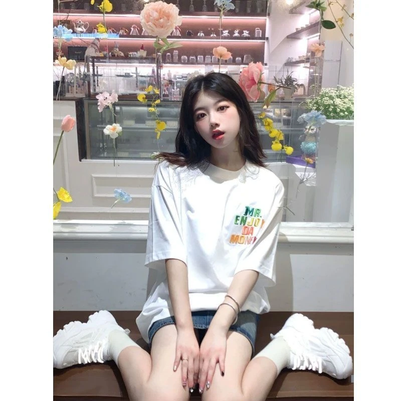 美式复古超好看的!!!刺绣潮牌字母百搭短袖T恤女宽松百搭韩系上衣