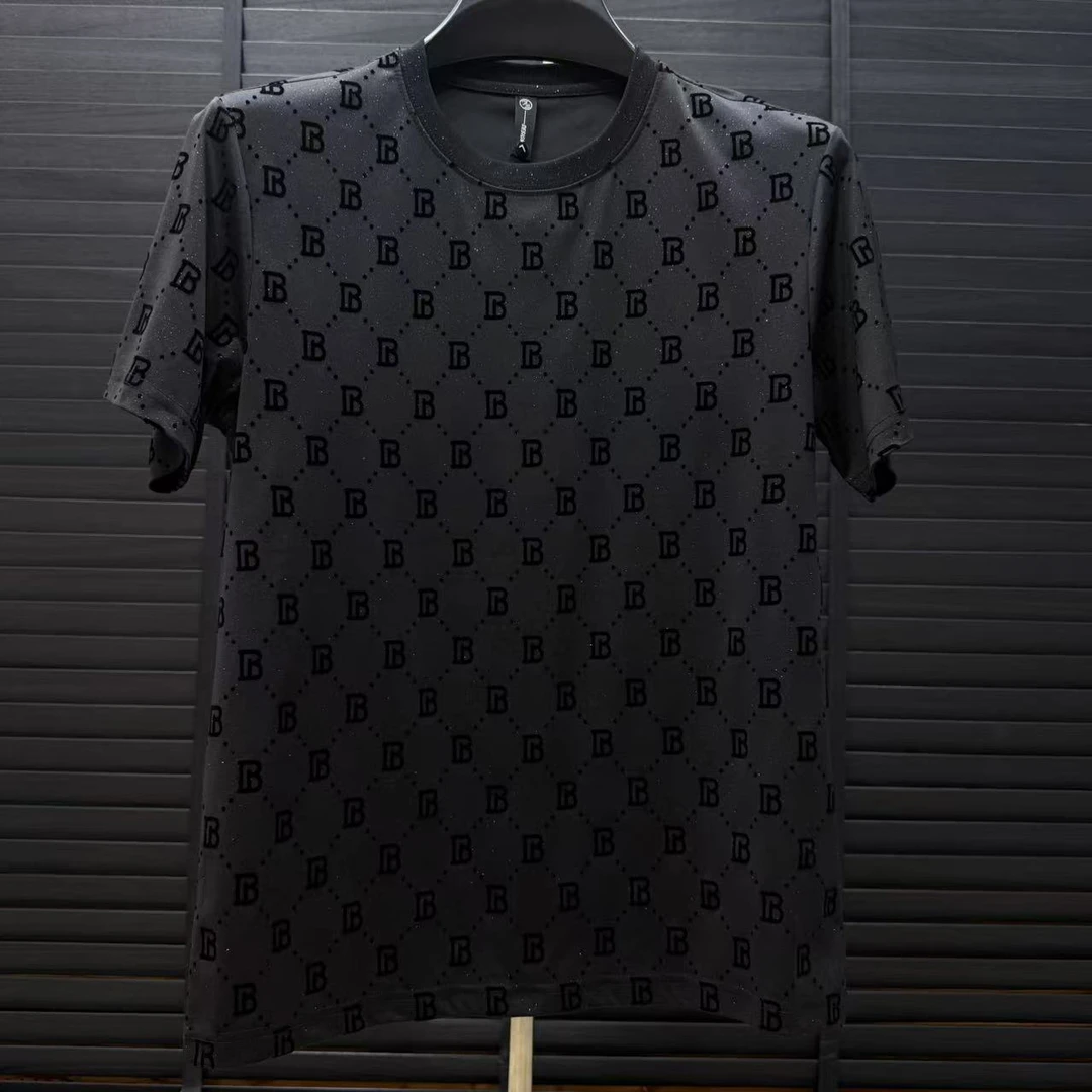 夏季男士T恤时尚圆领轻奢休闲春夏半袖潮流植绒满天星短袖