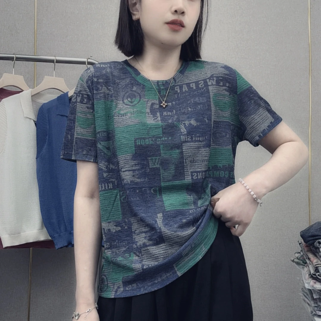 韩系新款宽松女士T恤圆领打底上衣夏季薄款扎染休闲时尚短袖t恤