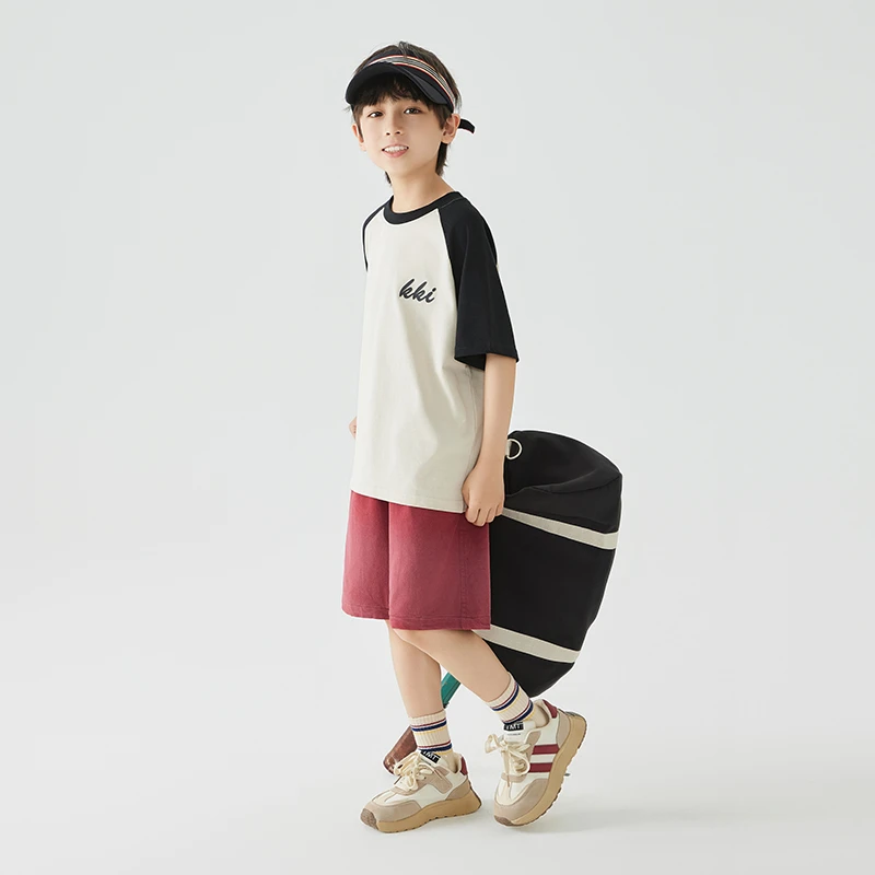 雪中飞夏季短袖中大童男童时尚T恤拼色宽松印花男童圆领百搭-xsd