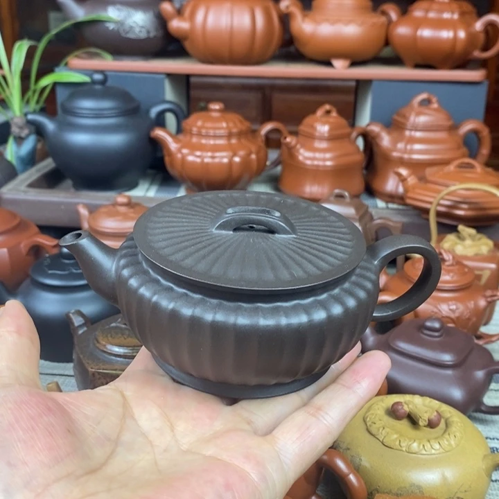紫砂茶壶筋纹汉瓦260cc原生矿黑料特价