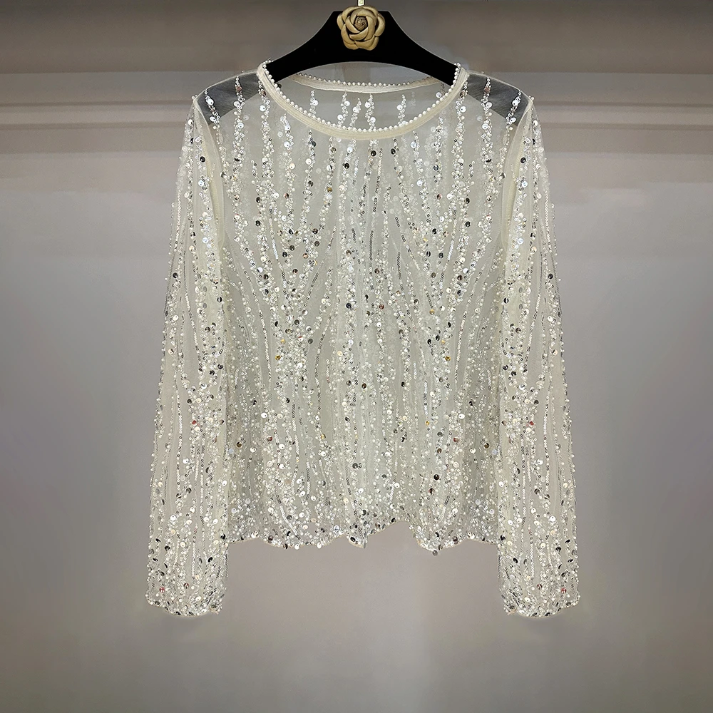 【静影流沙】优雅时尚气质长袖上衣重工亮片串珠网纱外套