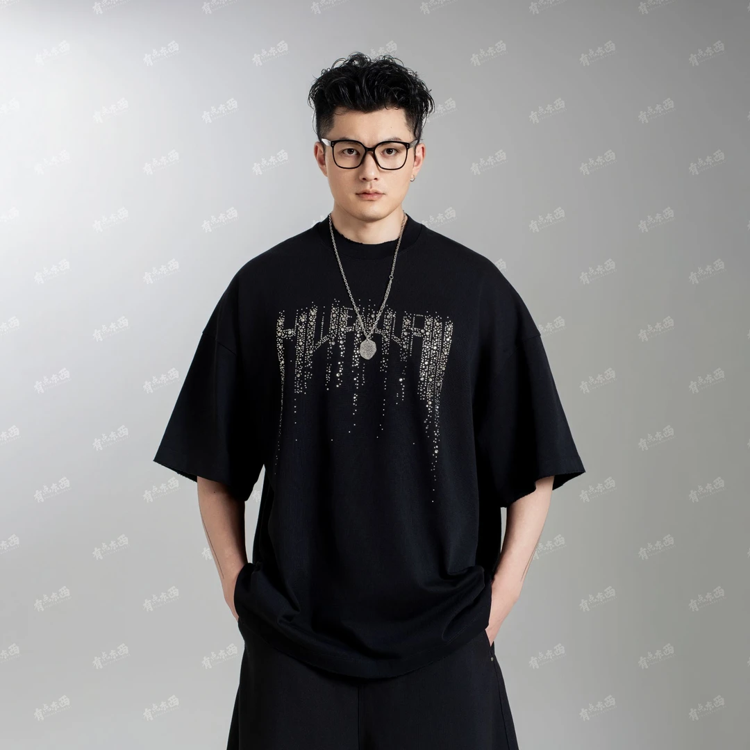 GOAT 25ss 宽松水洗纯棉流光落幕破洞烫钻百搭街头潮流T恤