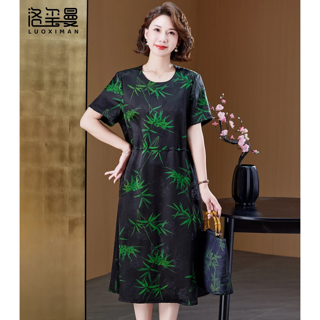 洛玺曼真丝显瘦气质连衣裙中年女装2025新款夏季桑蚕丝香云纱裙子