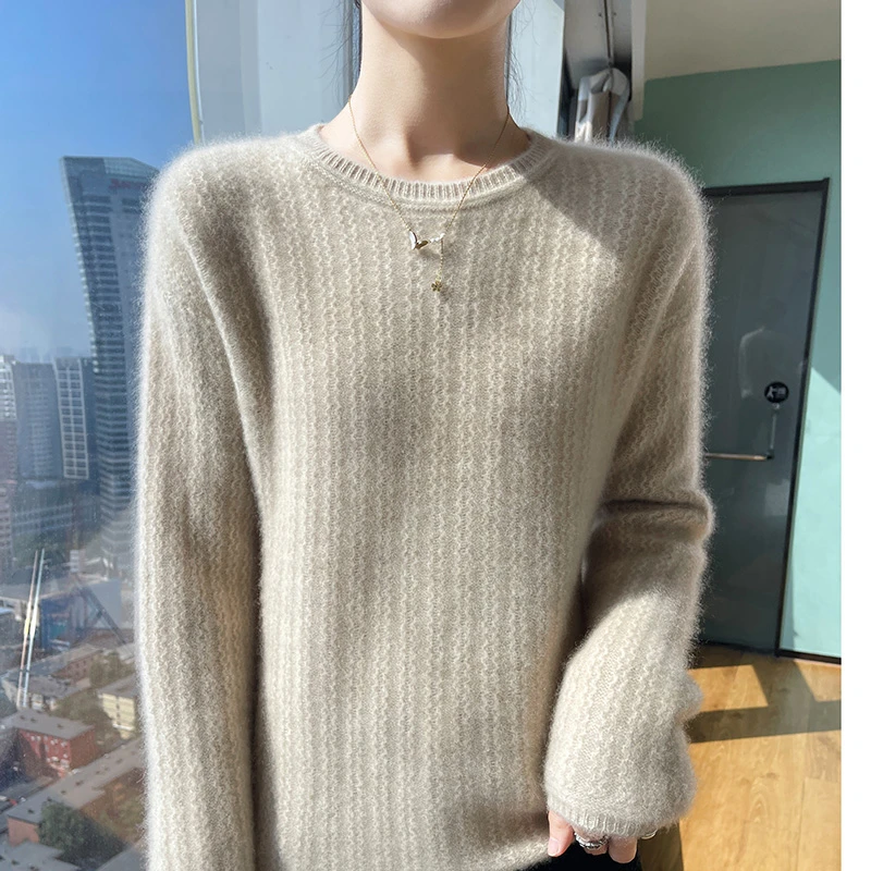 100%纯羊毛衫女圆领宽松提花长袖针织打底衫秋冬装纯色上衣