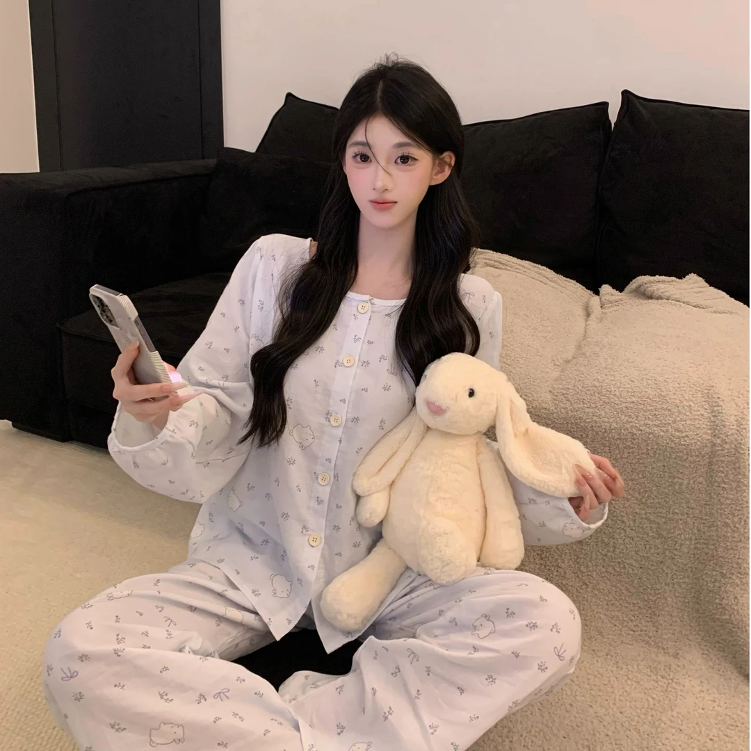 1豆【晚安小兔】纯欲长袖套装显白显瘦显瘦春秋家居服睡衣女