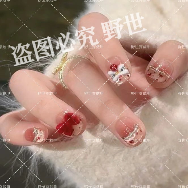 【心悦醒狮】野世穿戴甲 丝绒蝴蝶结立体醒狮 珍珠拼钻新年款美甲