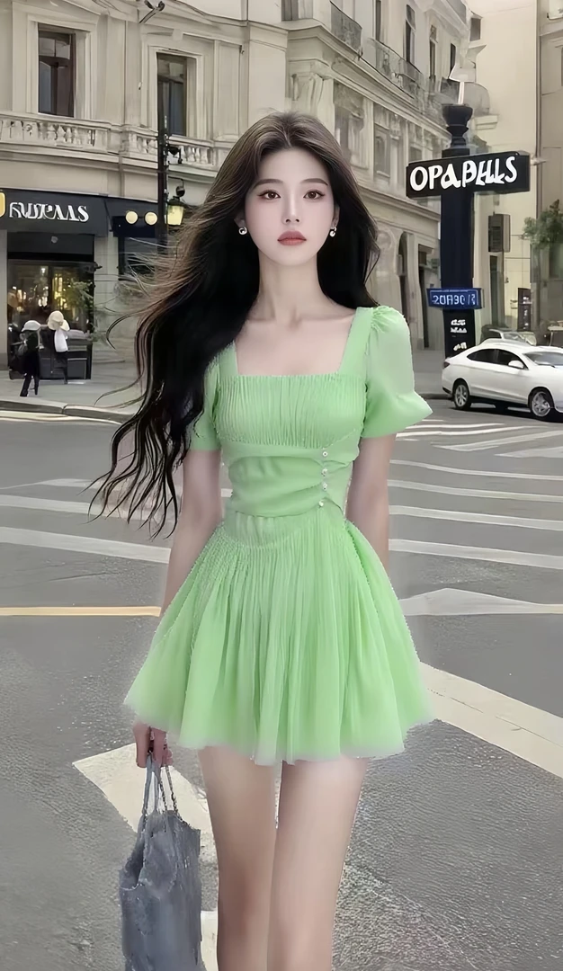 新款时尚温柔甜美风绿色方领短袖收腰连衣裙女高端大气氛围感女装