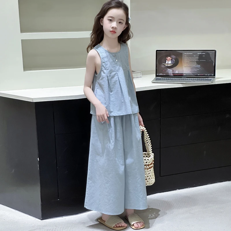 女童套装儿童时尚麻棉无袖纯色两件套童装夏季薄款休闲宽松百搭