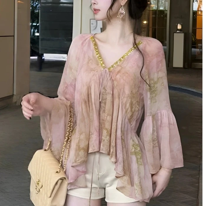 温柔风v领亮片碎花长袖雪纺衫女2025新款早春宽松小个子气质上衣