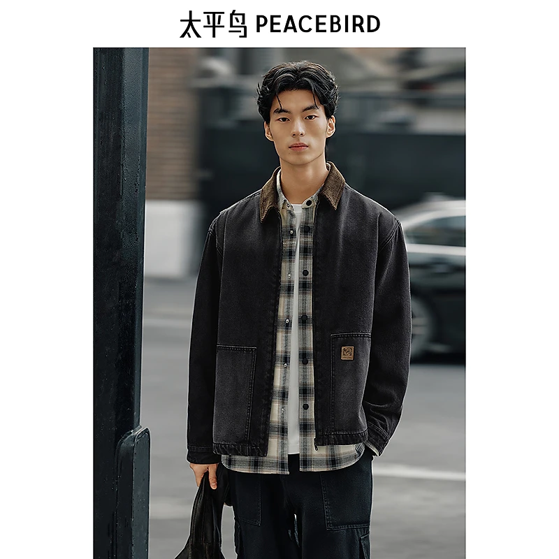 太平鸟男装巴恩风水洗做旧牛仔夹克春美式复古翻领BABJF1266