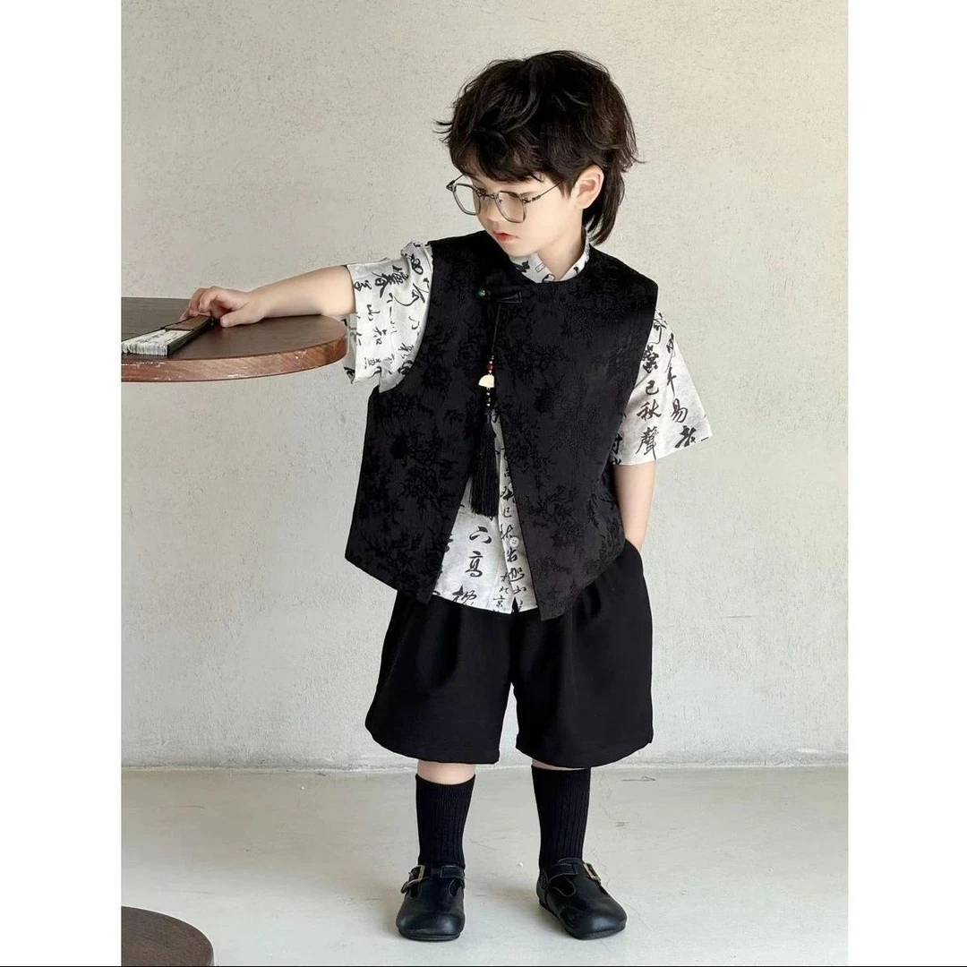 男童夏装汉服2025新款套装小童宝宝短袖夏装童装衣服新中式马甲潮